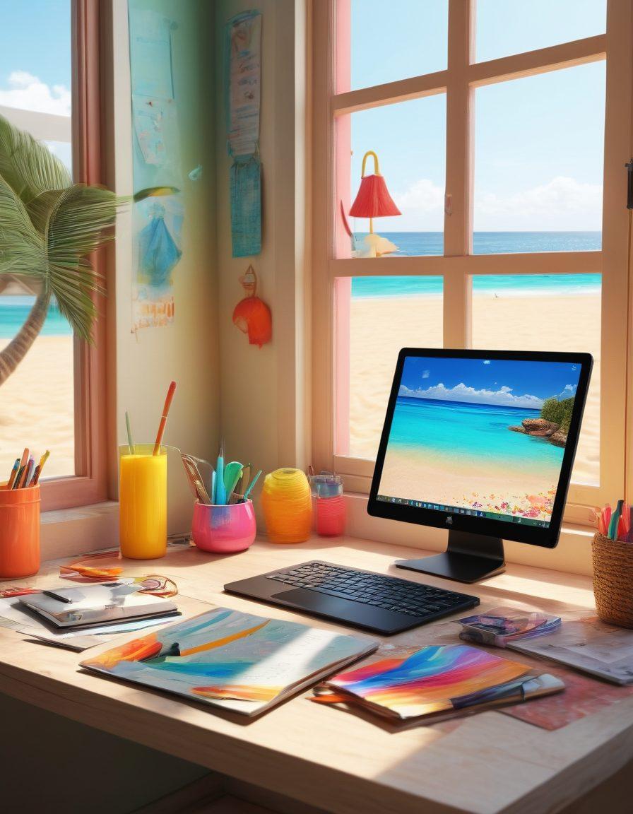 A creative workspace filled with vibrant bikini graphic designs on a computer screen, showcasing various transformation techniques like color adjustments and layering; include tools like a graphic tablet and stylus, alongside sketches and notes. Incorporate a colorful, sunny beach backdrop through a window to enhance the theme of summer and creativity. super-realistic. vibrant colors. 3D.